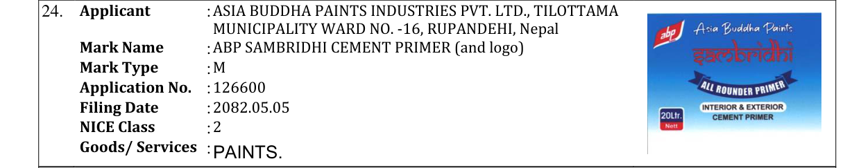 Original bulletin entry for ABP SAMBRIDHI CEMENT PRIMER (and logo)