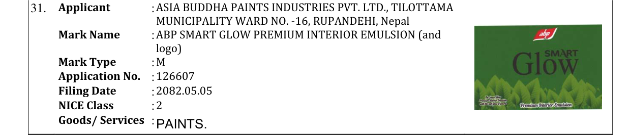 Original bulletin entry for ABP SMART GLOW PREMIUM INTERIOR EMULSION (and logo)
