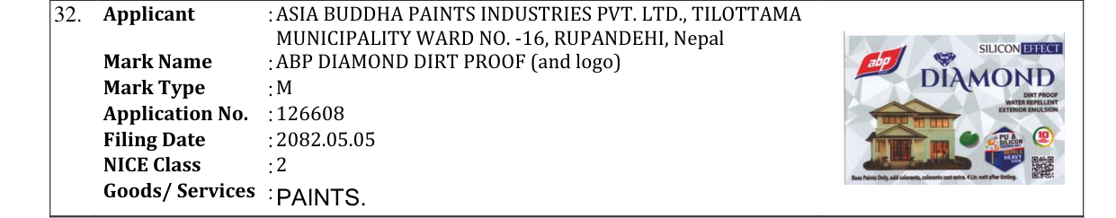 Original bulletin entry for ABP DIAMOND DIRT PROOF (and logo)