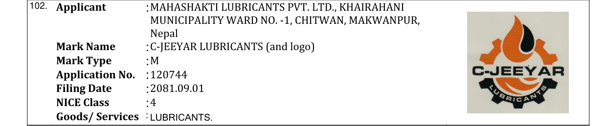 Original bulletin entry for C-JEEYAR LUBRICANTS (and logo)