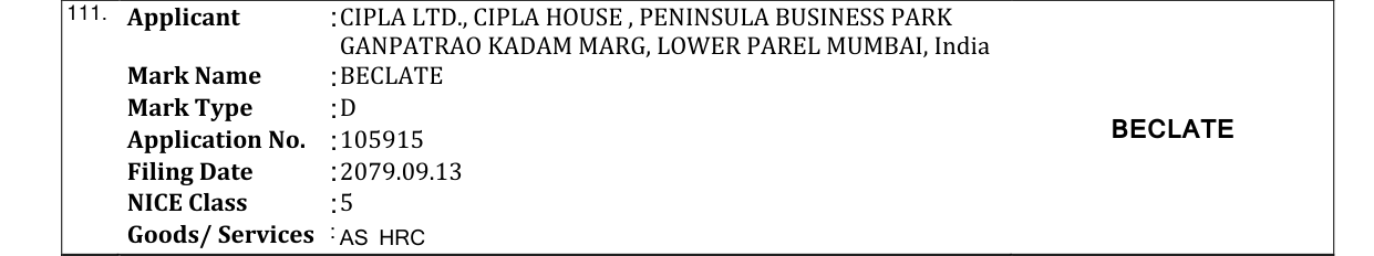 Original bulletin entry for BECLATE