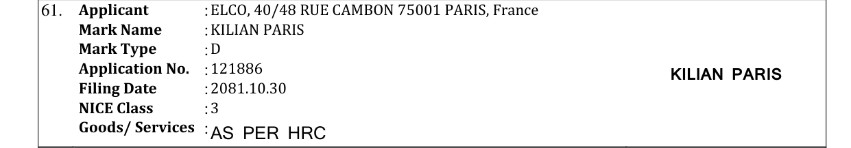 Original bulletin entry for KILIAN PARIS