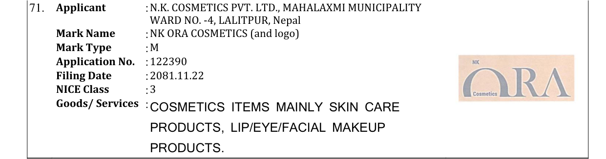 Original bulletin entry for NK ORA COSMETICS (and logo)