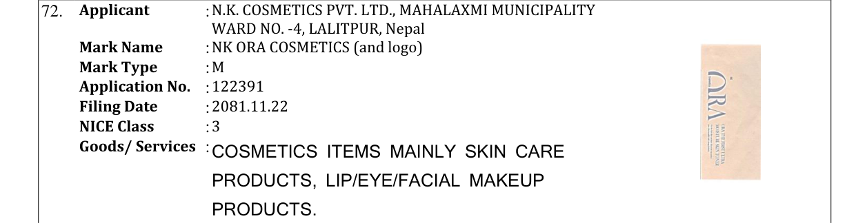 Original bulletin entry for NK ORA COSMETICS (and logo)