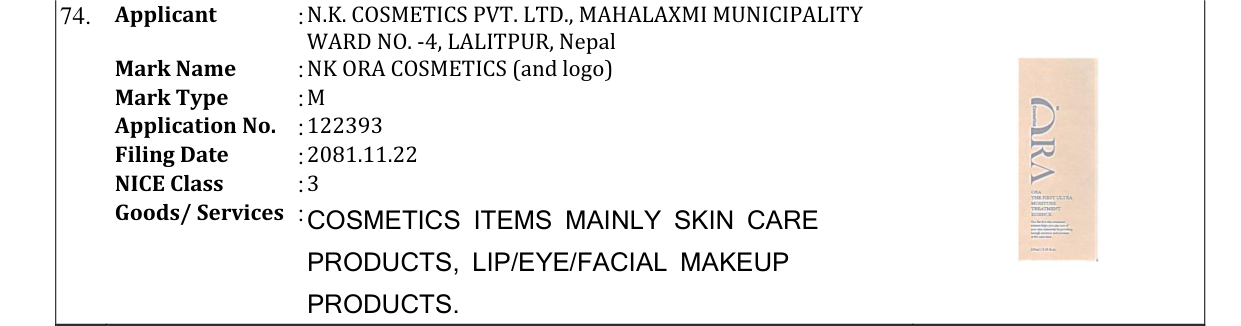 Original bulletin entry for NK ORA COSMETICS (and logo)