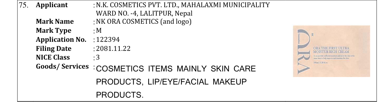 Original bulletin entry for NK ORA COSMETICS (and logo)