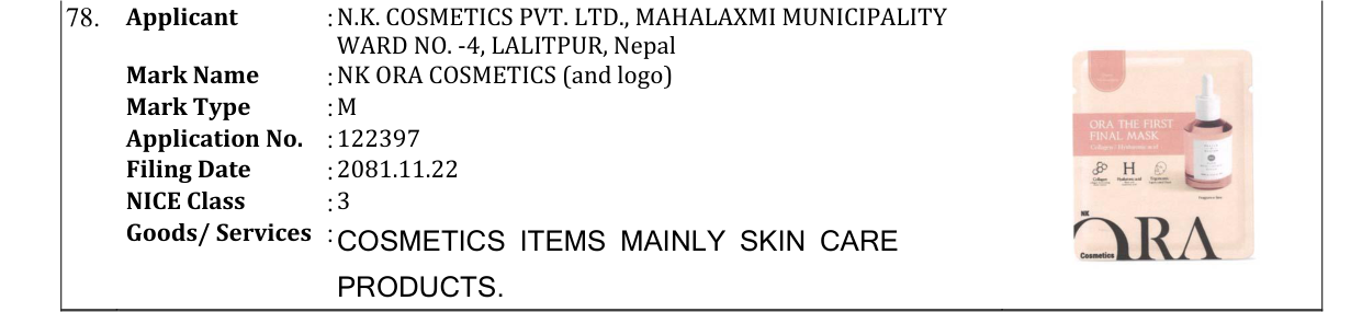 Original bulletin entry for NK ORA COSMETICS (and logo)