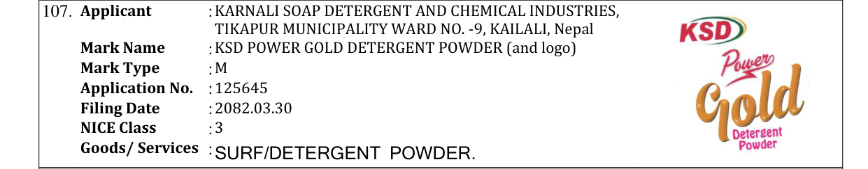 Original bulletin entry for KSD POWER GOLD DETERGENT POWDER (and logo)