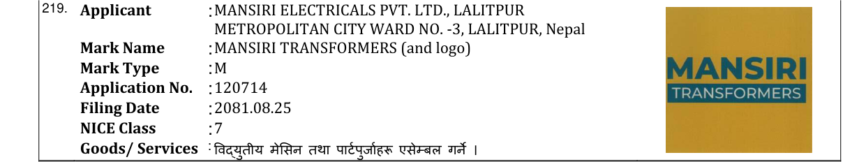 Original bulletin entry for MANSIRI TRANSFORMERS (and logo)