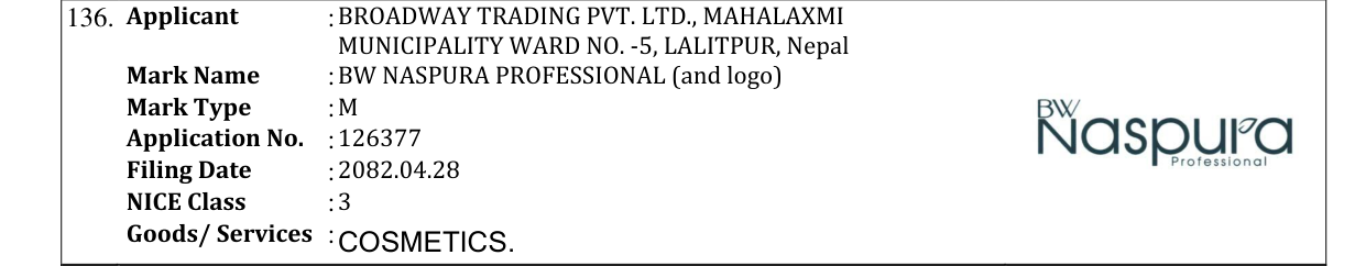 Original bulletin entry for BW NASPURA PROFESSIONAL (and logo)