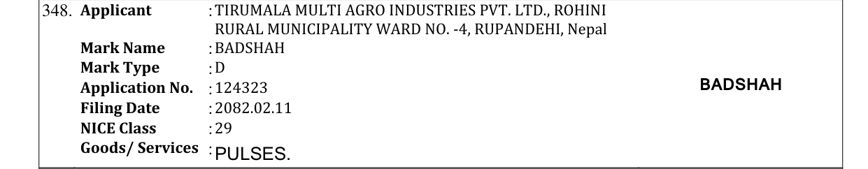 Original bulletin entry for BADSHAH
