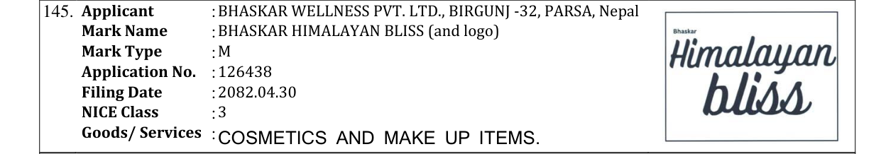 Original bulletin entry for BHASKAR HIMALAYAN BLISS (and logo)