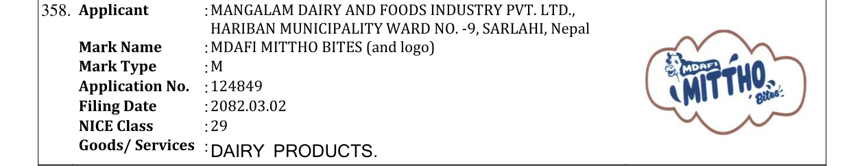 Original bulletin entry for MDAFI MITTHO BITES (and logo)