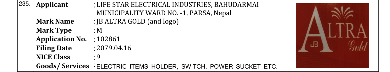Original bulletin entry for JB ALTRA GOLD (and logo)