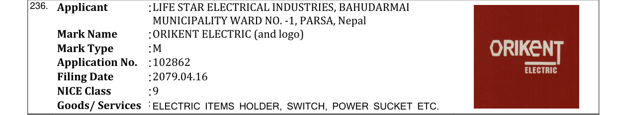 Original bulletin entry for ORIKENT ELECTRIC (and logo)