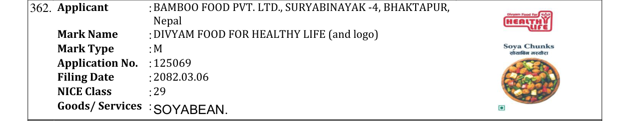 Original bulletin entry for DIVYAM FOOD FOR HEALTHY LIFE (and logo)