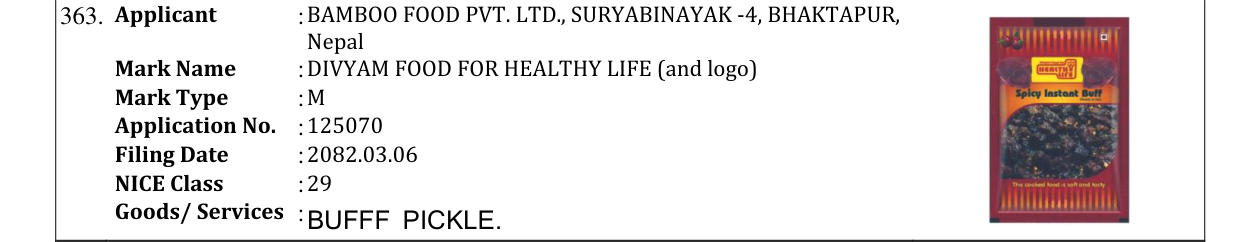 Original bulletin entry for DIVYAM FOOD FOR HEALTHY LIFE (and logo)