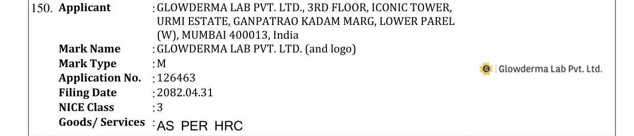 Original bulletin entry for GLOWDERMA LAB PVT. LTD. (and logo)
