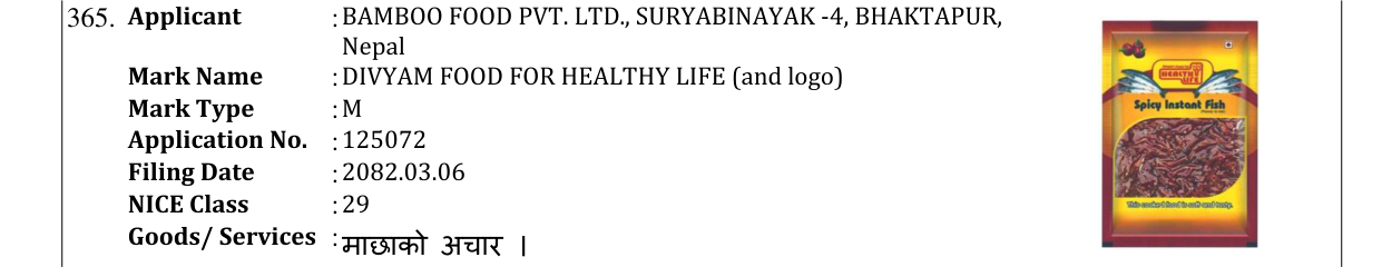 Original bulletin entry for DIVYAM FOOD FOR HEALTHY LIFE (and logo)