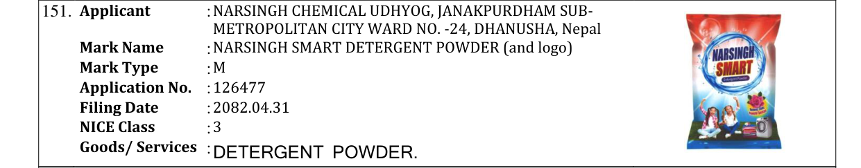 Original bulletin entry for NARSINGH SMART DETERGENT POWDER (and logo)