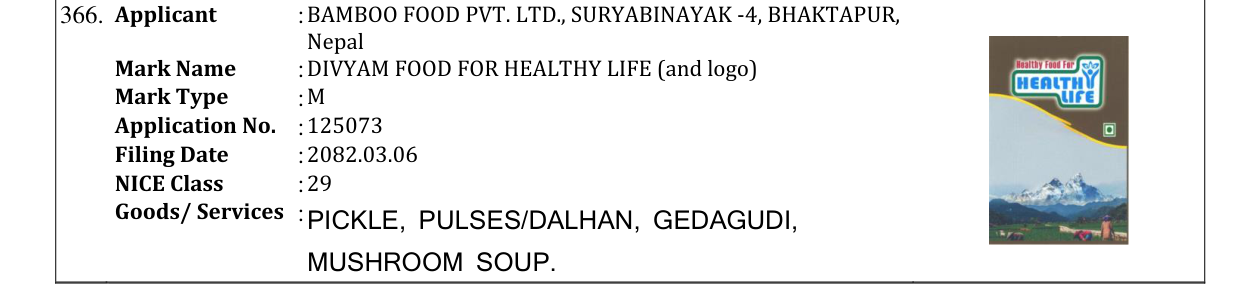 Original bulletin entry for DIVYAM FOOD FOR HEALTHY LIFE (and logo)