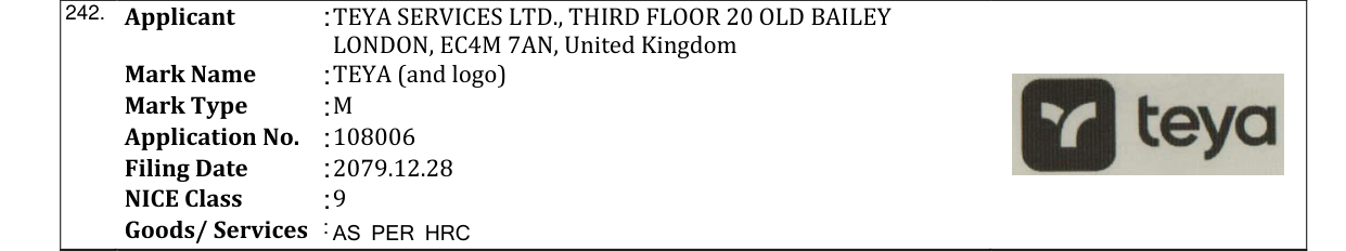 Original bulletin entry for TEYA (and logo)