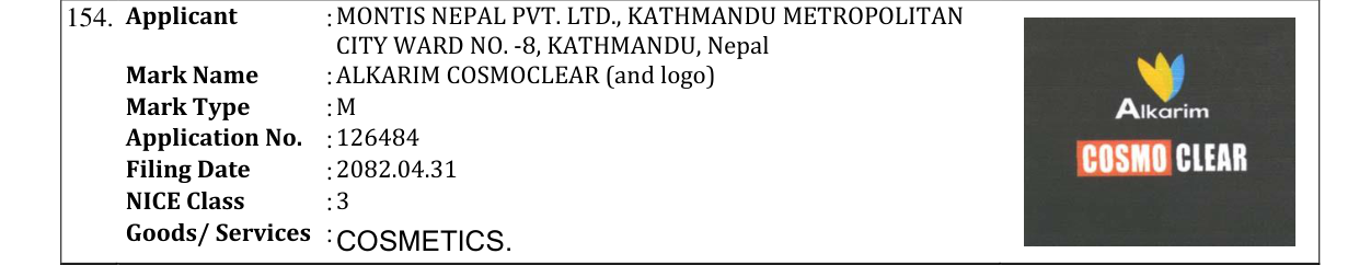 Original bulletin entry for ALKARIM COSMOCLEAR (and logo)