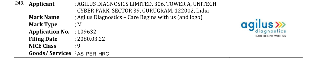 Original bulletin entry for Agilus Diagnostics – Care Begins with us (and logo)