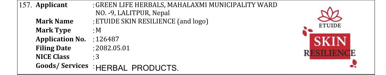 Original bulletin entry for ETUIDE SKIN RESILIENCE (and logo)
