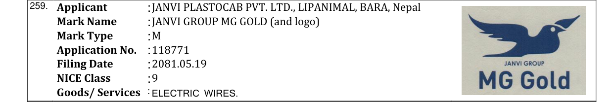 Original bulletin entry for JANVI GROUP MG GOLD (and logo)