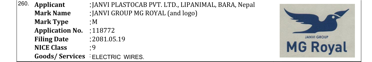 Original bulletin entry for JANVI GROUP MG ROYAL (and logo)
