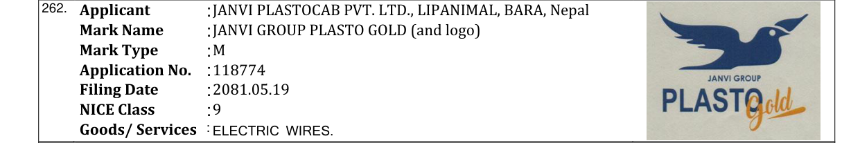 Original bulletin entry for JANVI GROUP PLASTO GOLD (and logo)
