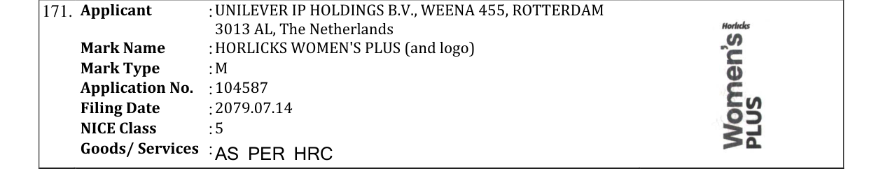 Original bulletin entry for HORLICKS WOMEN'S PLUS (and logo)