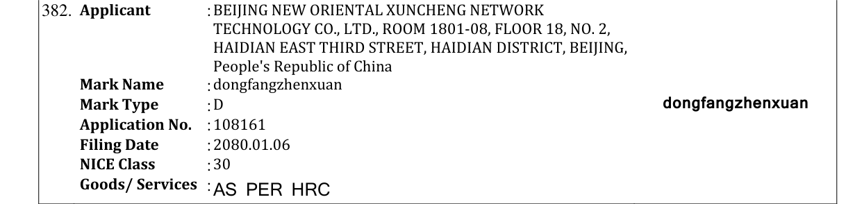 Original bulletin entry for dongfangzhenxuan