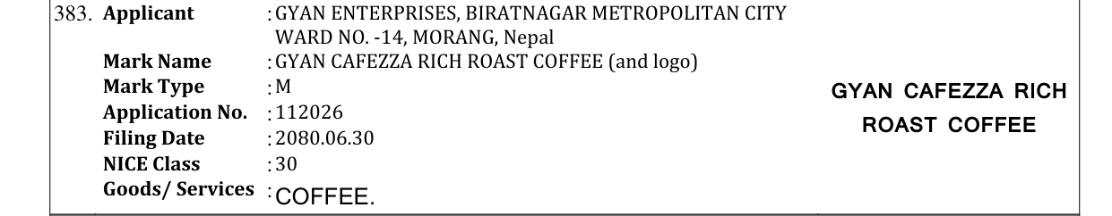 Original bulletin entry for GYAN CAFEZZA RICH ROAST COFFEE (and logo)