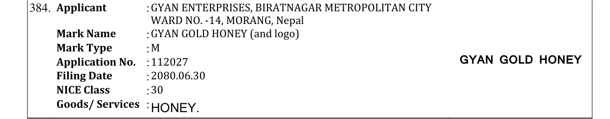 Original bulletin entry for GYAN GOLD HONEY (and logo)