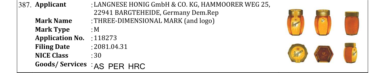 Original bulletin entry for THREE-DIMENSIONAL MARK (and logo)