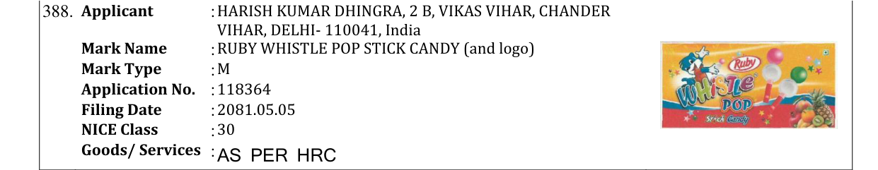 Original bulletin entry for RUBY WHISTLE POP STICK CANDY (and logo)