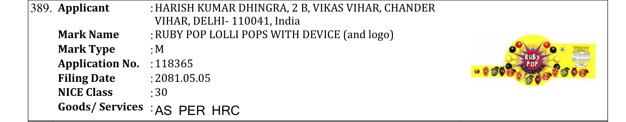 Original bulletin entry for RUBY POP LOLLI POPS WITH DEVICE (and logo)