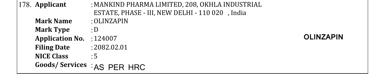 Original bulletin entry for OLINZAPIN