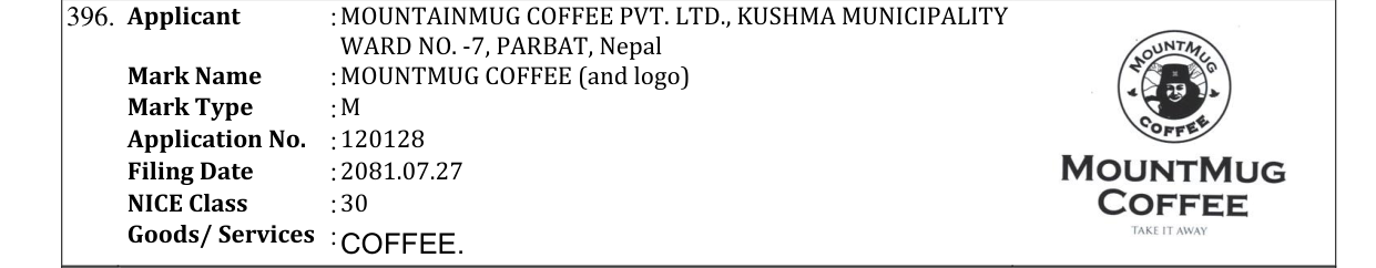 Original bulletin entry for MOUNTMUG COFFEE (and logo)