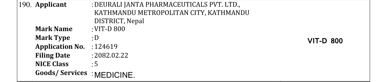 Original bulletin entry for VIT-D 800
