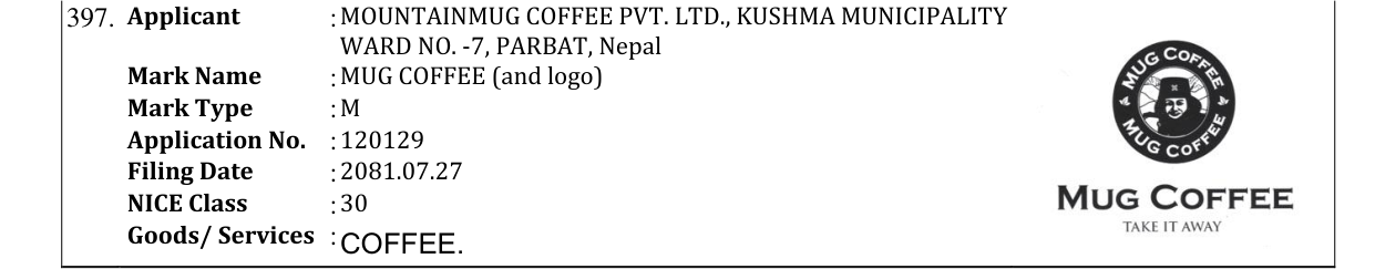 Original bulletin entry for MUG COFFEE (and logo)