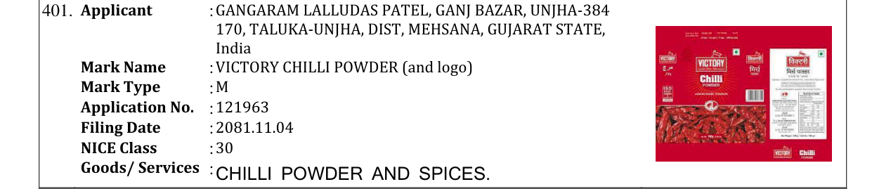 Original bulletin entry for VICTORY CHILLI POWDER (and logo)