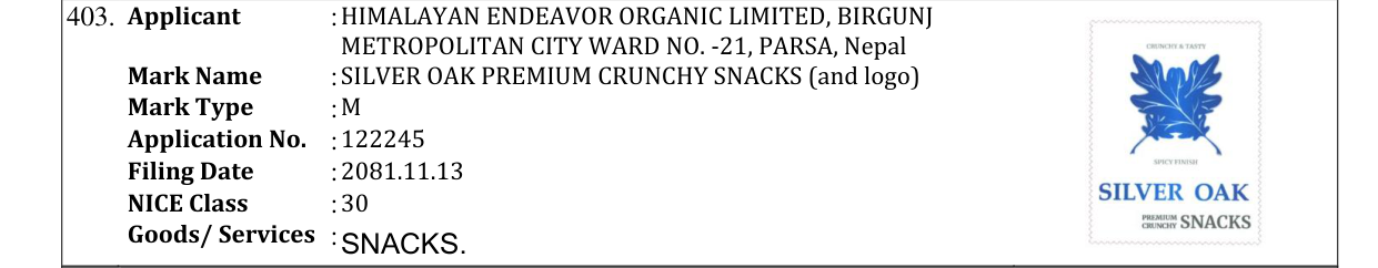 Original bulletin entry for SILVER OAK PREMIUM CRUNCHY SNACKS (and logo)