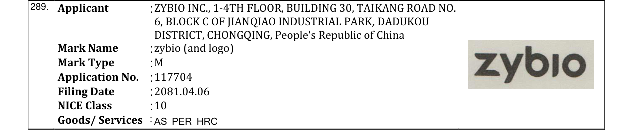 Original bulletin entry for zybio (and logo)
