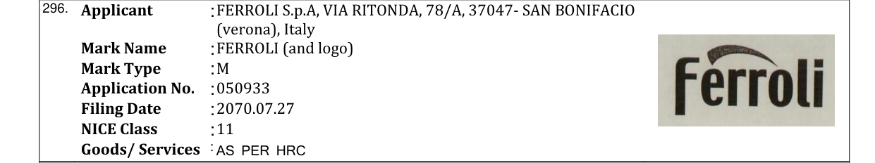 Original bulletin entry for FERROLI (and logo)