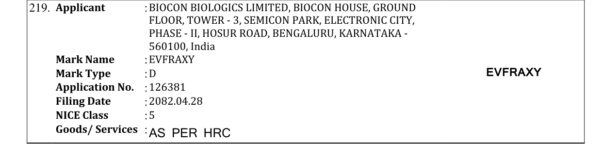 Original bulletin entry for EVFRAXY
