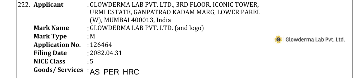 Original bulletin entry for GLOWDERMA LAB PVT. LTD. (and logo)