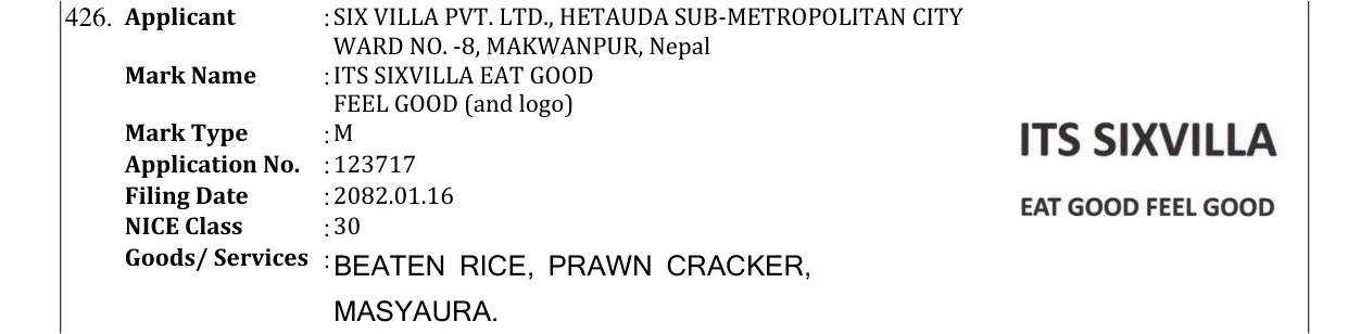 Original bulletin entry for ITS SIXVILLA EAT GOOD FEEL GOOD (and logo)